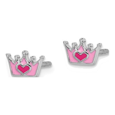 Sterling Silver Girls' Pink Enamel Heart Crown Stud Earrings – view 3