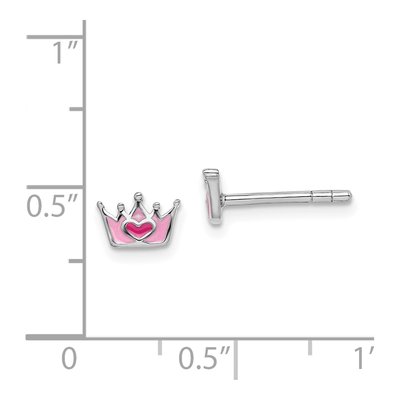 Sterling Silver Girls' Pink Enamel Heart Crown Stud Earrings – view 5