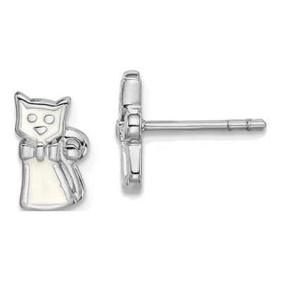 Sterling Silver Girls' Enamel Cat Stud Earrings