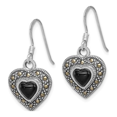 Sterling Silver Onyx Marcasite Heart Dangle Earrings – view 3