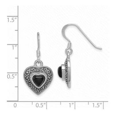 Sterling Silver Onyx Marcasite Heart Dangle Earrings – view 5