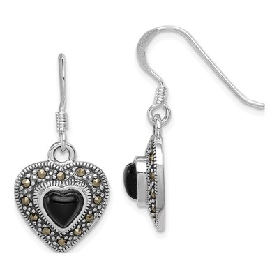 Sterling Silver Onyx Marcasite Heart Dangle Earrings