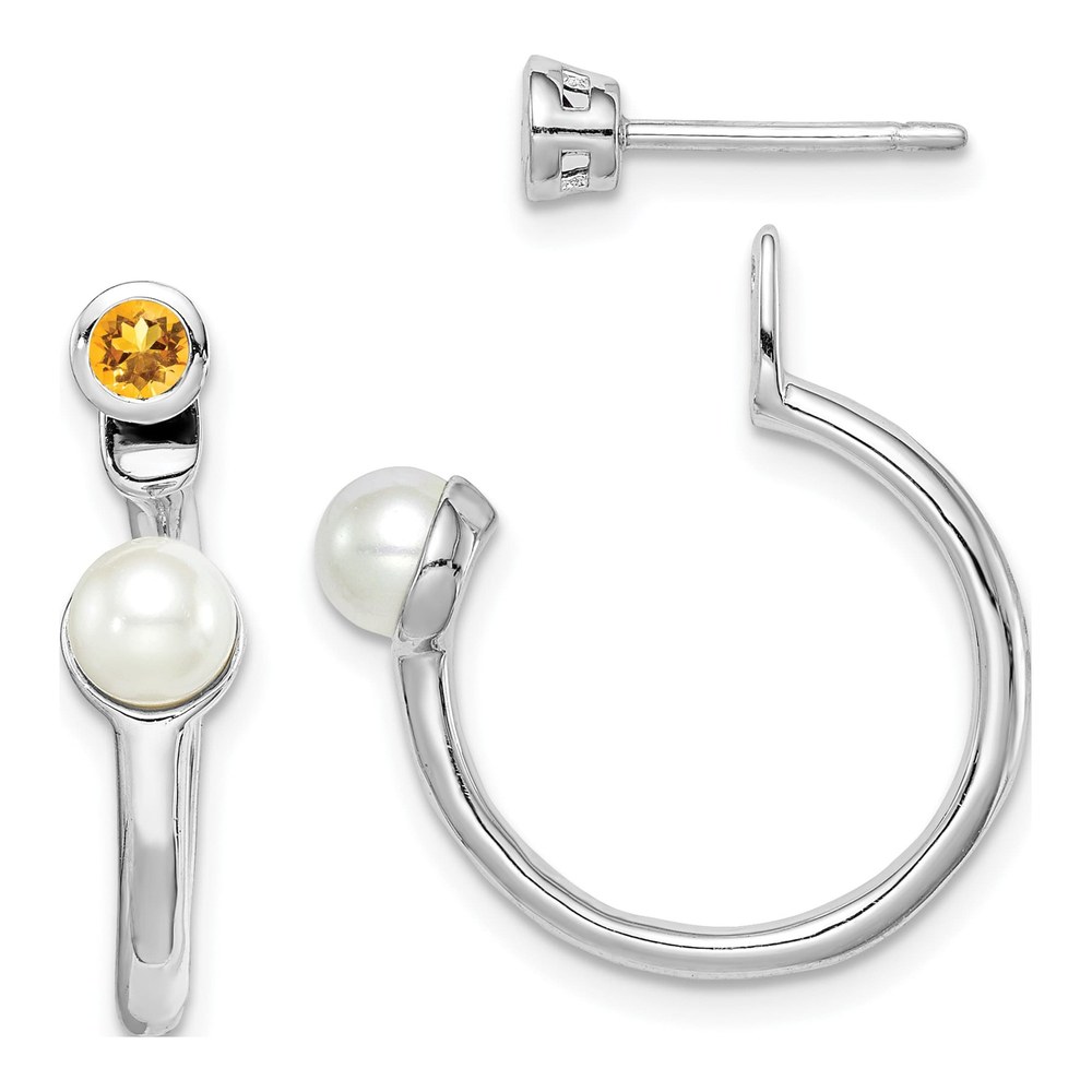 Sterling Silver 22mm Freshwater Cultured Pearl & Citrine Front-Back Hoop Earrings