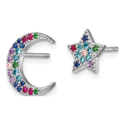 Sterling Silver Round CZ Moon Star Button Stud Earrings – view 3