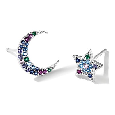 Sterling Silver Round CZ Moon Star Button Stud Earrings – view 6