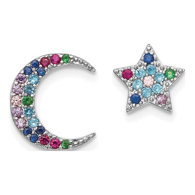 Sterling Silver Round CZ Moon Star Button Stud Earrings