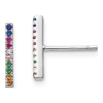 Sterling Silver Round CZ Bar Stud Earrings