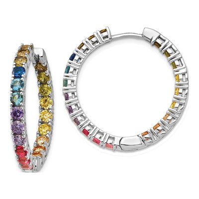 Sterling Silver 29mm CZ Colorful Hoop Earrings