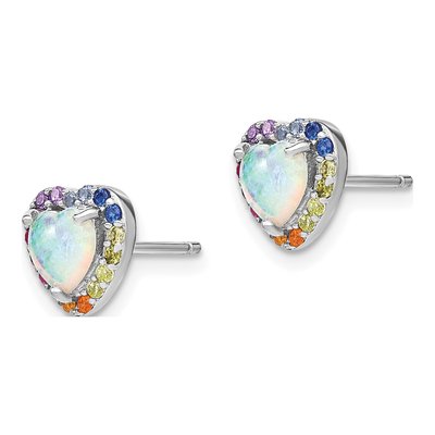 Sterling Silver Round Lab-Created Opal & CZ Heart Button Stud Earrings – view 3