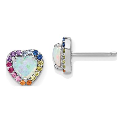 Sterling Silver Round Lab-Created Opal & CZ Heart Button Stud Earrings
