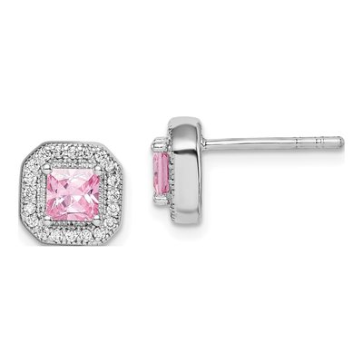Sterling Silver Square CZ Clear Button Stud Earrings