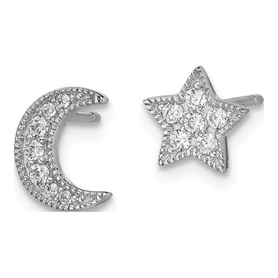 Sterling Silver 1mm Round CZ Star Moon Button Stud Earrings – view 3