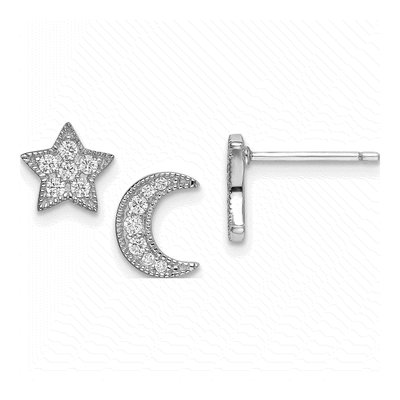 Sterling Silver 1mm Round CZ Star Moon Button Stud Earrings