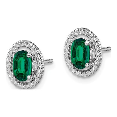 Sterling Silver Lab-Created Emerald Oval Button Stud Earrings – view 3