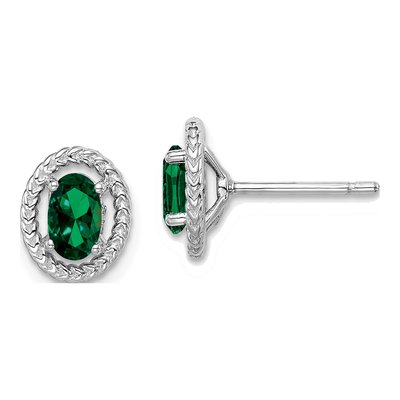 Sterling Silver Lab-Created Emerald Oval Button Stud Earrings
