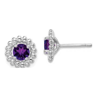 Sterling Silver Round Amethyst Button Stud Earrings