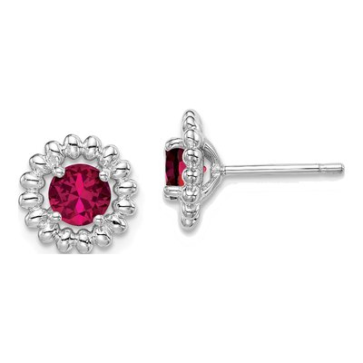 Sterling Silver Round Lab-Created Ruby Button Stud Earrings