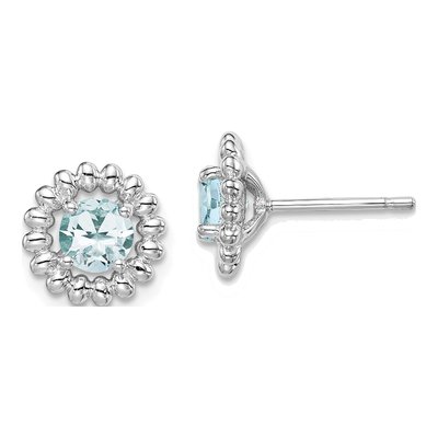 Sterling Silver Round Aquamarine Natural Button Stud Earrings
