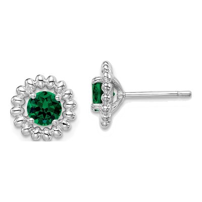 Sterling Silver Round Lab-Created Emerald Birthstone Stud Earrings