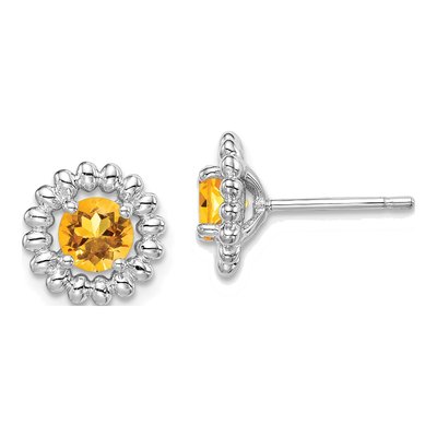 Sterling Silver Round Citrine Button Stud Earrings