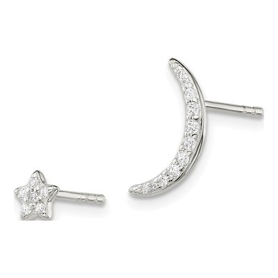 Sterling Silver Round CZ Moon Star Stud Earrings – view 3