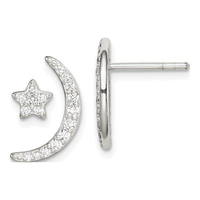 Sterling Silver Round CZ Moon Star Stud Earrings
