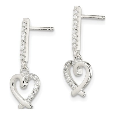 Sterling Silver CZ Dangle Heart Earrings, Post – view 3