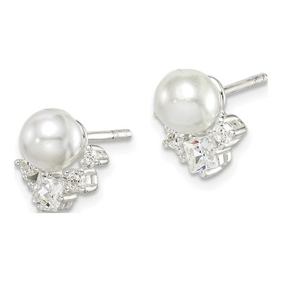 Sterling Silver 6mm Round Simulated Pearl & CZ Glass Button Stud Earrings – view 3