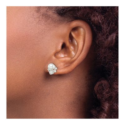 Sterling Silver 6mm Round Simulated Pearl & CZ Glass Button Stud Earrings – view 4