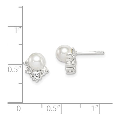 Sterling Silver 6mm Round Simulated Pearl & CZ Glass Button Stud Earrings – view 5