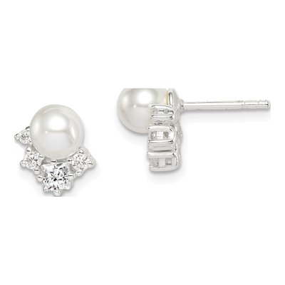 Sterling Silver 6mm Round Simulated Pearl & CZ Glass Button Stud Earrings