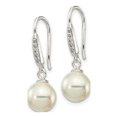 Sterling Silver Simulated Pearl & CZ Shell Dangle Earrings – view 3