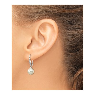 Sterling Silver Simulated Pearl & CZ Shell Dangle Earrings – view 4