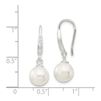 Sterling Silver Simulated Pearl & CZ Shell Dangle Earrings – view 5