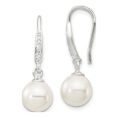 Sterling Silver Simulated Pearl & CZ Shell Dangle Earrings