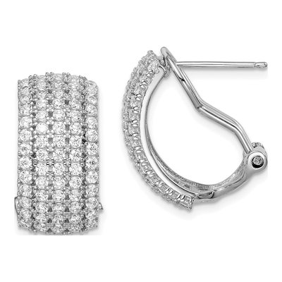 Sterling Silver 19mm CZ 5-Row Omega Back C- Hoop Earrings