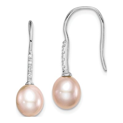 Sterling Silver Pink Freshwater Cultured Pearl & CZ Dangle Earrings