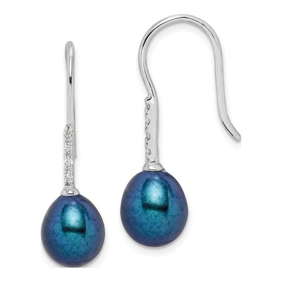 Sterling Silver Black Freshwater Cultured Pearl & CZ Dangle Earrings