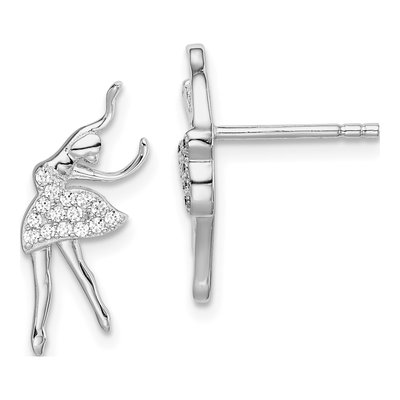 Sterling Silver Round CZ Girls' Ballerina Stud Earrings