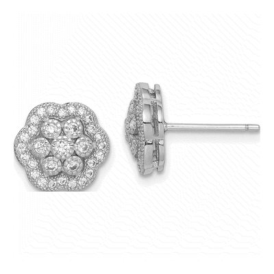 Sterling Silver Round CZ Flower Stud Earrings