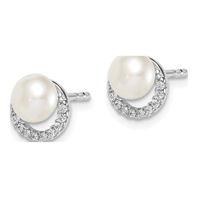 Sterling Silver Button Freshwater Cultured Pearl & CZ Stud Earrings – view 3