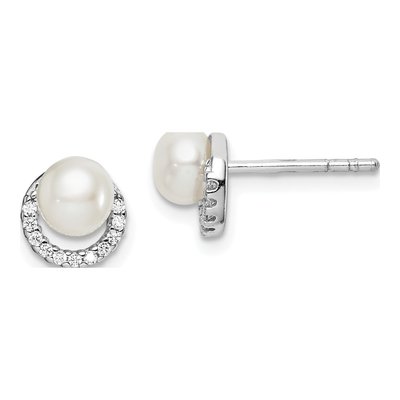 Sterling Silver Button Freshwater Cultured Pearl & CZ Stud Earrings