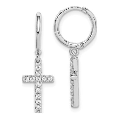 Sterling Silver 27mm CZ Cross Huggie Hoop Earrings
