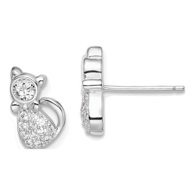 Sterling Silver Round CZ Cat Stud Earrings