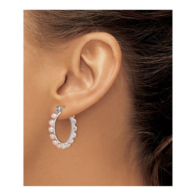 Sterling Silver 26mm Pink Freshwater Cultured Pearl Hoop Earrings – view 4