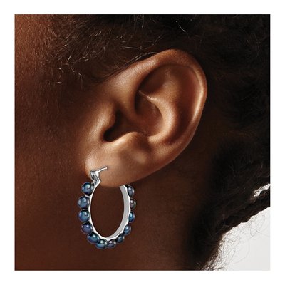 Sterling Silver 28mm Black Freshwater Cultured Pearl Hoop Earrings – view 4