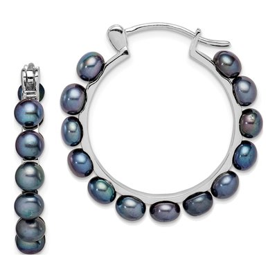 Sterling Silver 28mm Black Freshwater Cultured Pearl Hoop Earrings