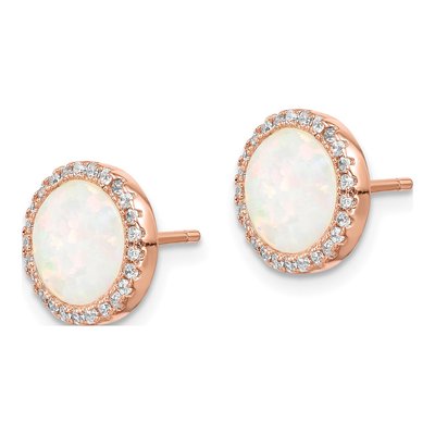 Rose Gold-Plated Sterling Silver 7mm Round Lab-Created Opal & CZ Tone Halo Stud Earrings – view 3