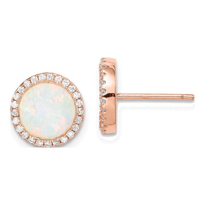Rose Gold-Plated Sterling Silver 7mm Round Lab-Created Opal & CZ Tone Halo Stud Earrings