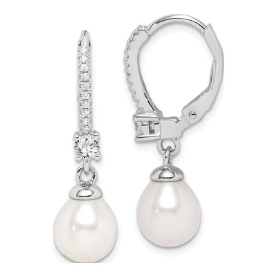 Sterling Silver Freshwater Cultured Pearl & CZ Leverback Earrings